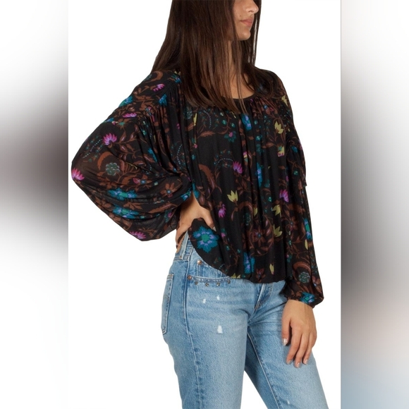 FREE PEOPLE Loose Women Top Puffy See Through Long Sleeve Black With Floral - Picture 3 of 15